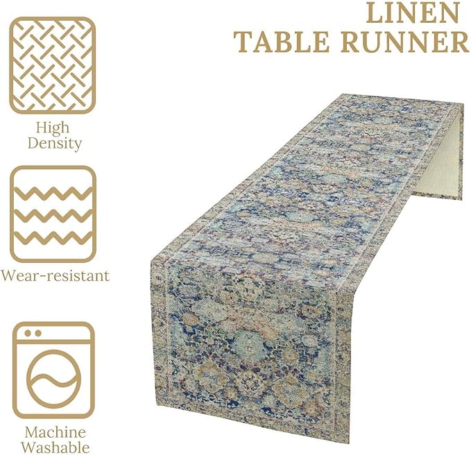 Vintage Boho Floral Table Runner, Rustic Country Farmhouse Blue Yellow Retro Flower Pattern for Home Kitchen Table Decor Dining Coffee Room Party Decor 13x120in