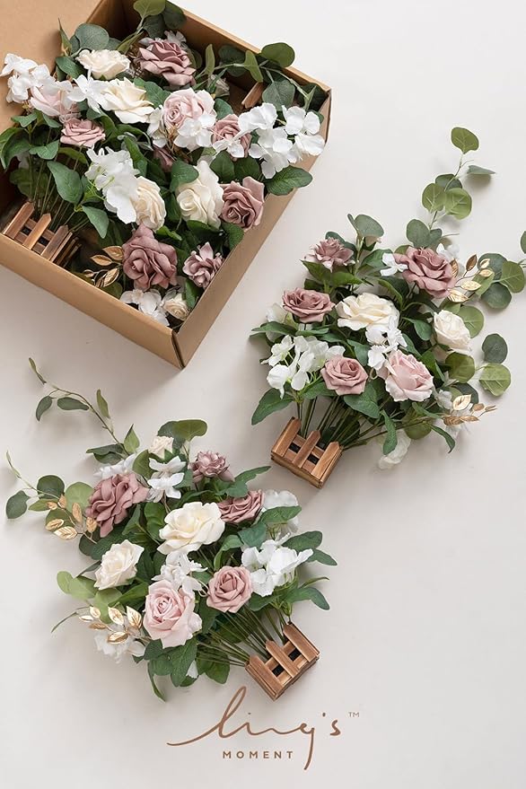 Artificial Flowers, 4 Free-Standing Arrangements, Dusty Rose, 17.5 Inch