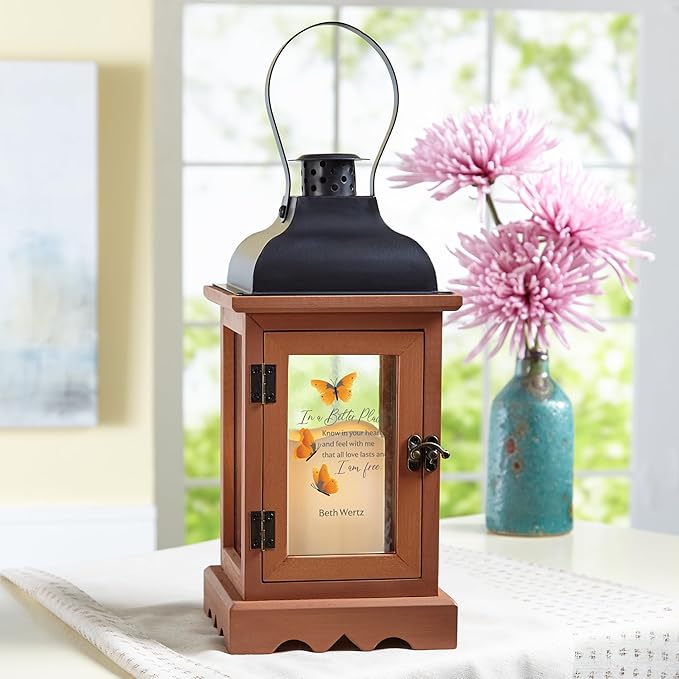 Decorative Candle Lantern in Wood with LED Light, 12-Inch Memorial Gift