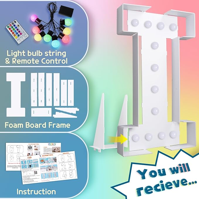 Marquee Light Up Letter I Decoration, 4 ft Foam Board, 16 Colors, Remote