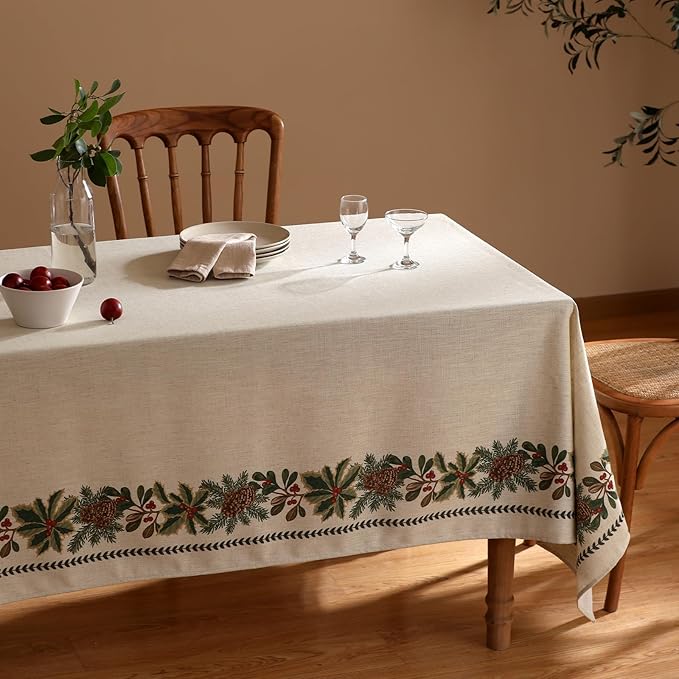 Rectangular Tablecloth 55 x 79 Inch Linen Blend Beige Floral