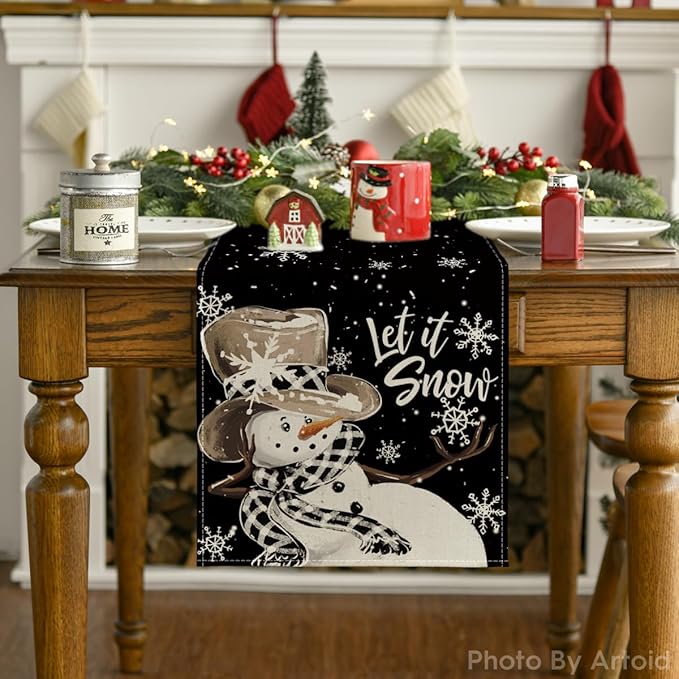 Artoid Mode Black Snowman Snowflake Let it Snow Winter Table Runner, Christmas Kitchen Dining Table Decoration for Home Party Decor 13x60 Inch