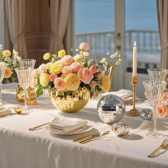 Glass Disco Ball Vases, Set of 6, 5x6 Inch Reflective Party Centerpieces