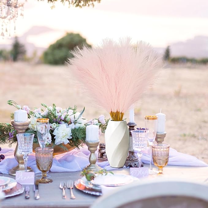 50pcs Pink Faux Pampas Grass Decor, 21.6" Short Artificial Pompous Grass Floral Fake Pompas Grass Branches Vase Filler Flower Arrangement for Home Wedding Boho Decor