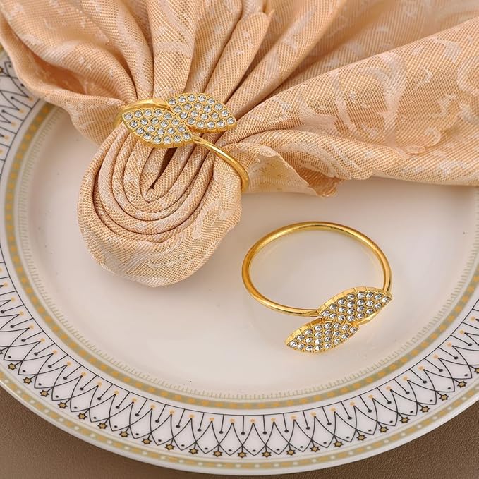 Napkin Rings Set of 100 Gold Metal Rhinestone Double Leaf Design
