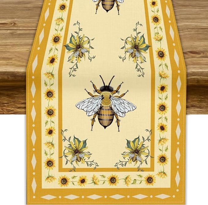 Honey Bee Table Runner, Farmhouse Yellow Sunflower Retro Summer Linen Tables Runners for Kitchen Dining Table Home Party Decor, 13x70inch