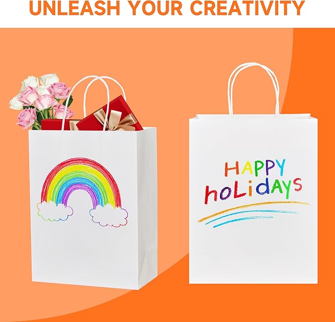 Small White Kraft Paper Gift Bags with Handles, 100 Count