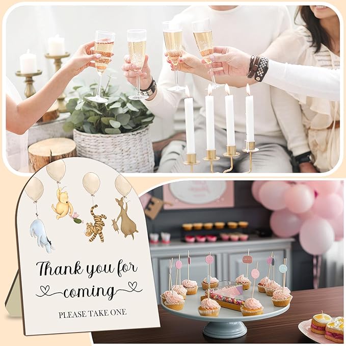 Winnie Decor Wedding Shower Welcome Sign, Thank You for Coming Please Take One Sign, Classic Pooh Bridal Shower Baby Shower Wooden Sign, Wedding Party Decor Sign with Stand 9 * 11IN