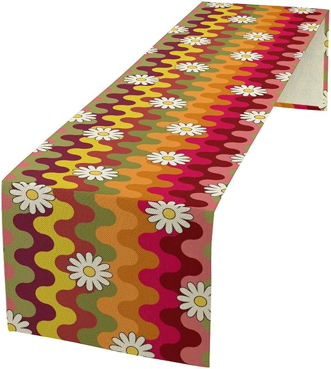 Vintage Floral Table Runner,60s 70s Colorful Retro Abstract Hippie Print Table Runner for Kitchen Dining Table Home Party Decoration 13x72 Inch
