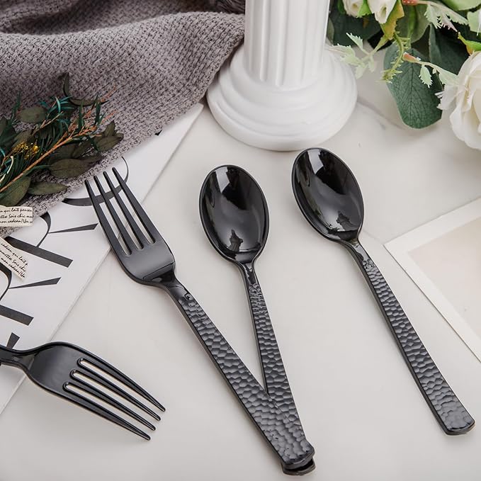 Spoons and Forks Set, Black Plastic Disposable, 400 Count, Hammered Finish