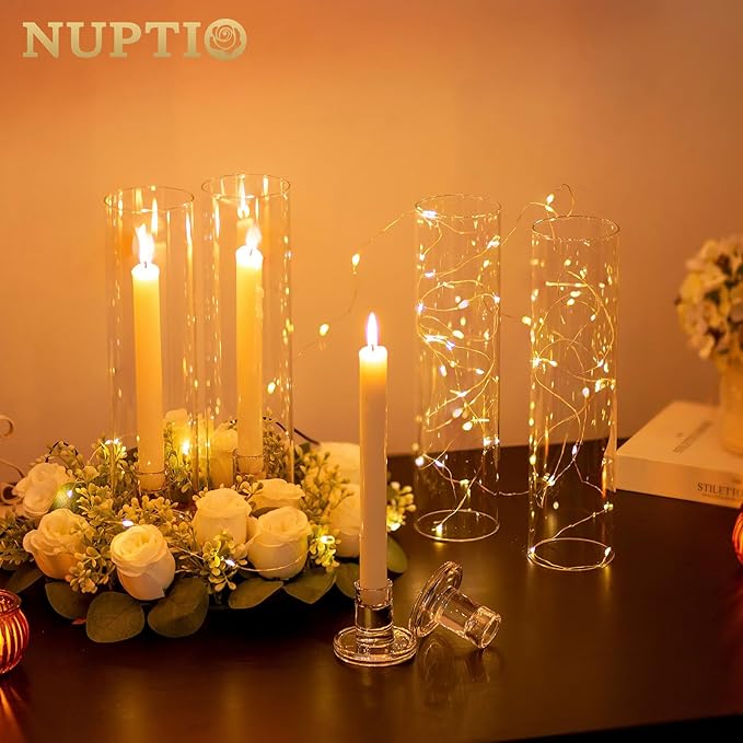 NUPTIO Glass Taper Candle Holders: Set of 2 Clear Small Candlestick Tapered Holder for Candles Sticks Modern Short Tapers Candleholders for Wedding Christmas Thanksgiving Party Table Decor