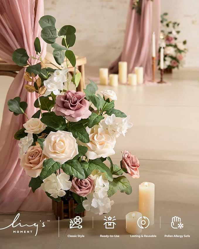 Artificial Flowers, 4 Free-Standing Arrangements, Dusty Rose, 17.5 Inch