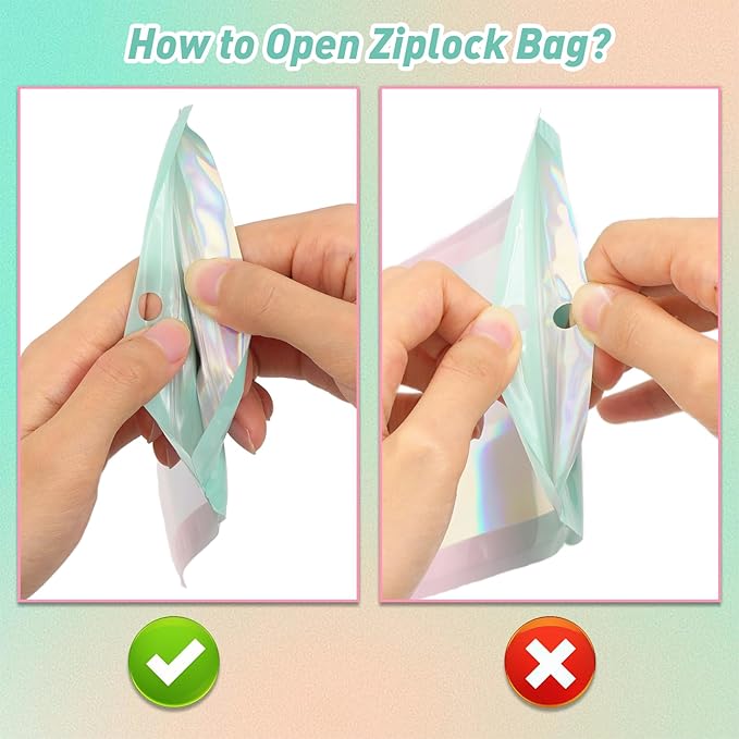 Funfery 100 Pack Gradient Holographic Bags,Mylar Resealable Bags with Zipper,Clear Window Packaging Pouchs,Smell Proof Foil Bag for Food Storage,Sample Jewelry Bag(2.7x3.9In,Green Pink)