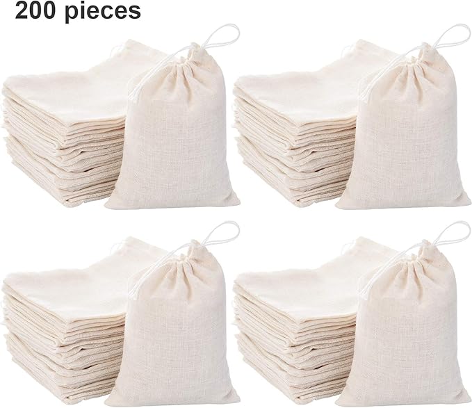 Gift Bags, 200 Count Muslin Drawstring Pouches, Cotton Sachets for Favors