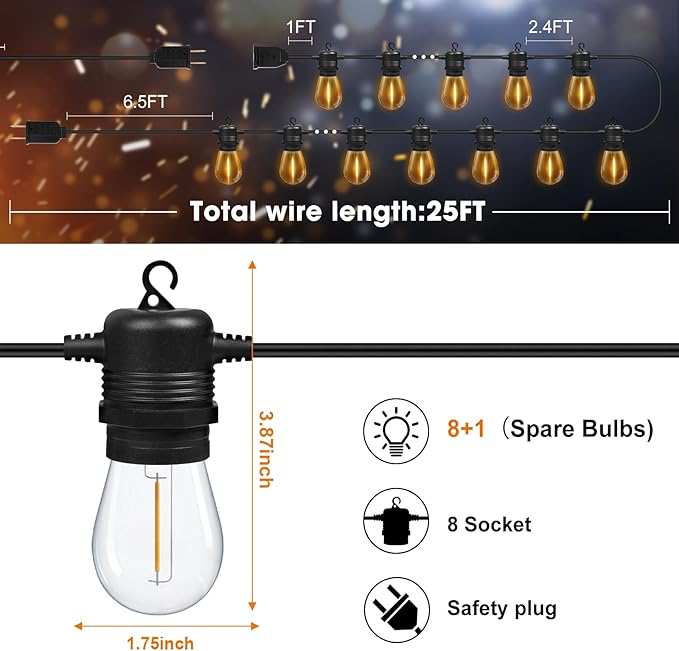 String Lights 25 FT, Warm White 2700K Weatherproof with 9 S14 Bulbs