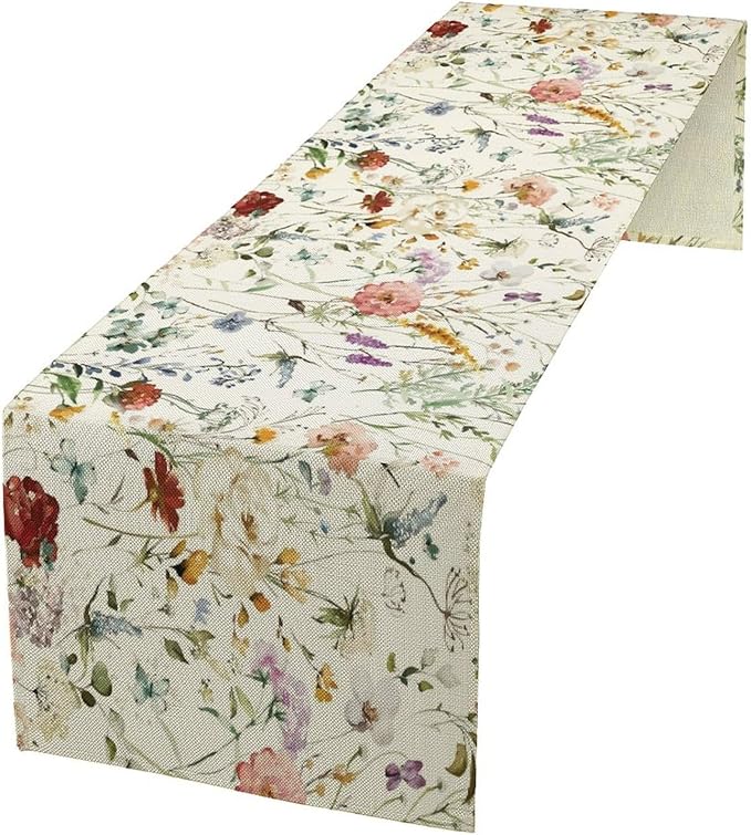 Floral Butterfly Table Runner,Rustic Colorful Flower Botanical Watercolor Pattern Print Burlap for Hotel Indoors Outdoor Dining Room Kitchen Holiday Party, 13x90in