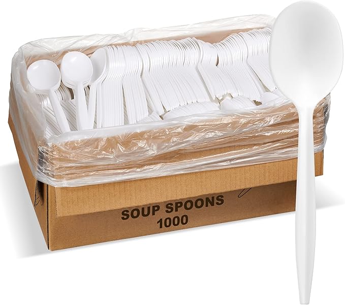 White Plastic Disposable Soup Spoons, 1,000 Count, Medium Weight