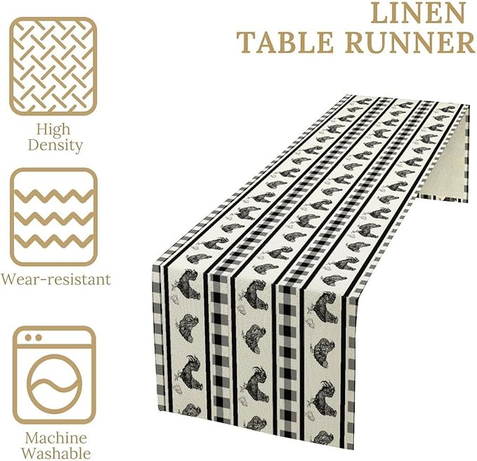 Rooster Table Runner,Farmhouse Animal Vintage Chicken Black White Plaid Check Tablecloth Burlap for Hotel Indoors Outdoor Dining Room Kitchen Home Decor,W13X L60 in