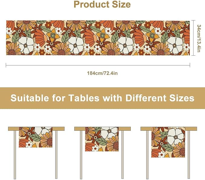 Vintage Floral Table Runner,Boho 70s Style Retro Flower Table Cloth Kitchen Dining Table Home Party Decoration 13x72 Inch
