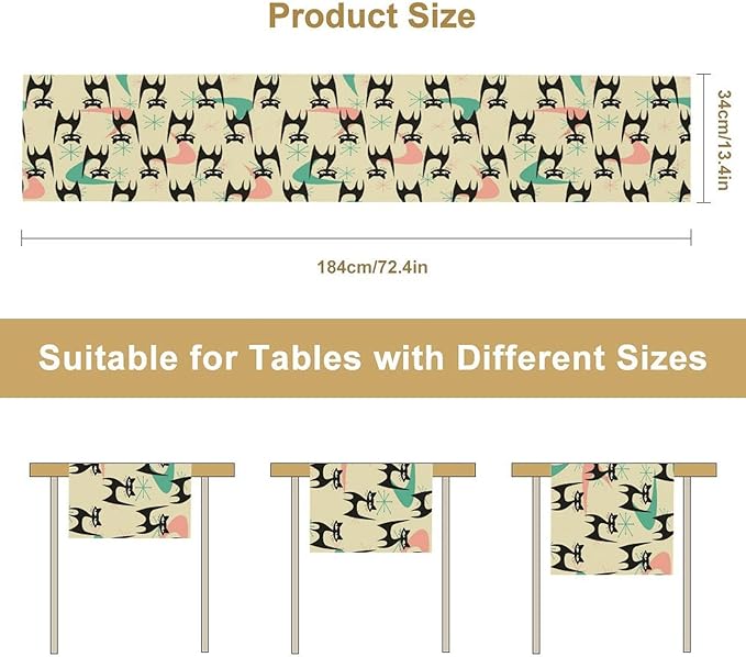Mid Century Table Runner,Cat Geometric Stripe Colorful Abstract Pattern Print Tablecloth Burlap for Hotel Indoors Outdoor Dining Room Kitchen Holiday Party, 13x90in