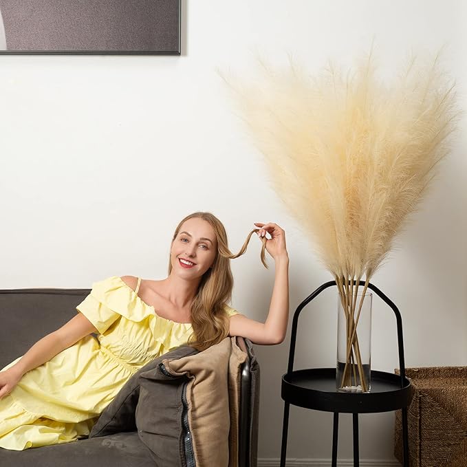 EVODIS Faux Pampas Grass 6 Stems, Artificial Pampas Grass - 43 inch Total Extra Large Pompass Grass Tall Pompous Boho Flower Arrangement and Floor Vase Filler Home Decor for Room Wedding Party
