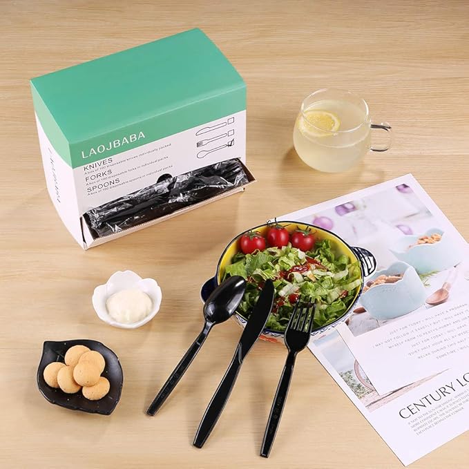 Disposable Plastic Spoons, 7-Inch Black, 100 Individually Packaged