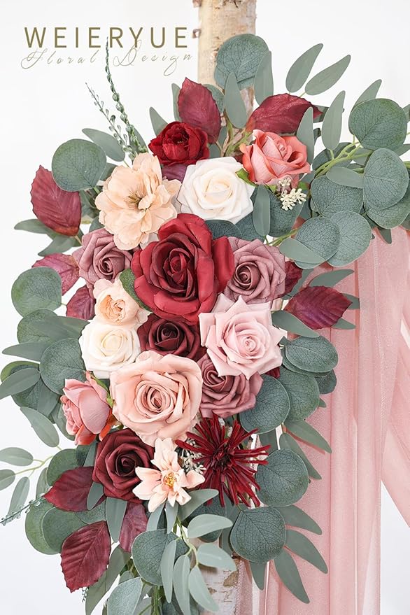 Artificial Wedding Arch Flowers Kit(Pack of 3),2Pcs Artificial Flower Arch Decor,1Pcs Sheer Drape for Wedding Ceremony Arbor for WeddingCeremony (Cream red)