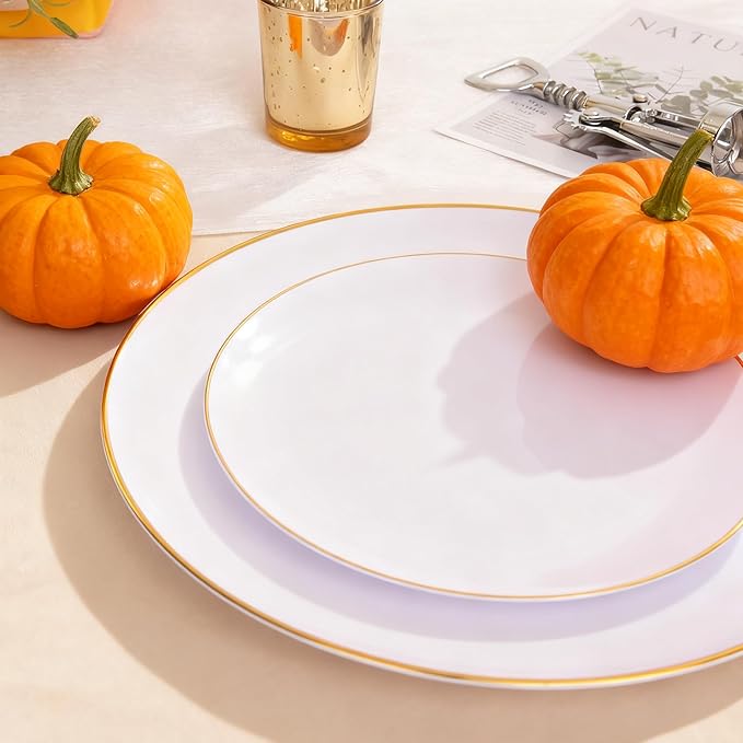 Disposable Plates, 60 Count White Plastic with Gold Rim, Heavy Duty