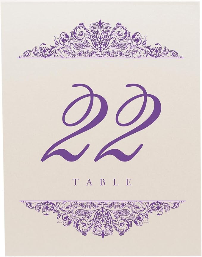 Paisley Wedding Table Numbers (Select Color/Quantity), Champagne, Purple, 1-60, Double Sided, Tent or Use in a Stand, Great for Parties & Restaurants - Made in the USA