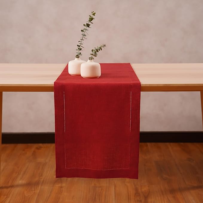 Linen Table Runner 14 x 72 Inch Long - 100% Pure Linen Christmas Red Table Runner - Cloth Fabric Hemstitch Runner for Thanksgiving, Christmas, Winter, New Year - Elara