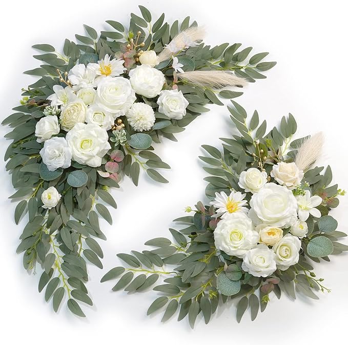 Artificial Wedding Arch Flower Swags, 2-Pack, Cream Champagne Silk Rose Decor