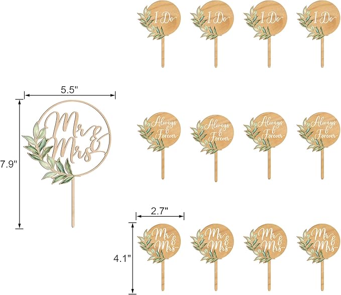 Non-Edible Wood Wedding Cake Topper Set, 12 Cupcake Toppers, Green Leaves
