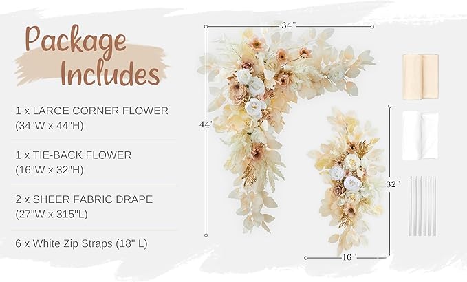 Artificial Flowers Kit for Wedding Arch, Beige Silk Roses with Drapes