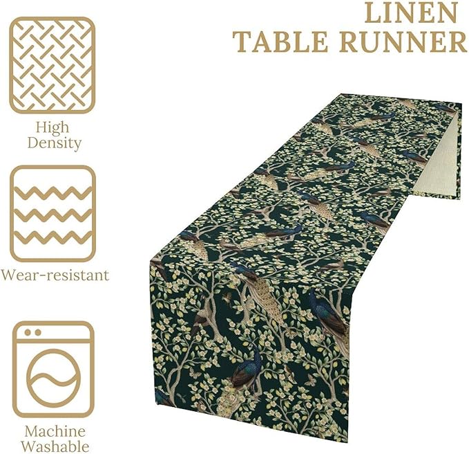 Peacock Table Runner,Retro Floral Plants Peacock Table Runner for Home Kitchen Dining Party Indoor Outdoor Decoration 13x120 Inch