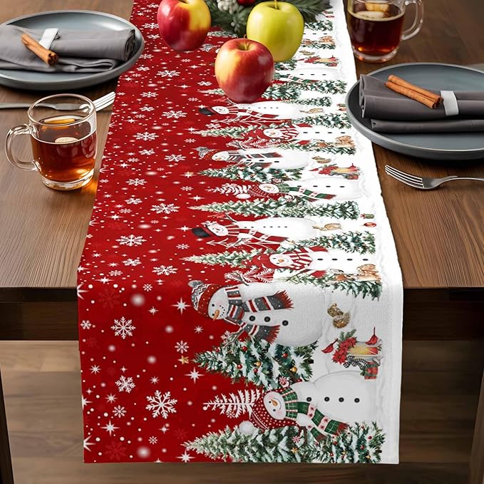Christmas Snowman Cotton Linen Table Runner for Dining Kitchen, Xmas Tree White Snowflakes Winter Wedding Outdoor Party Tablerunners Decoration, Dresser Scarf Coffee Tablecloth Runners 13x120 Inches