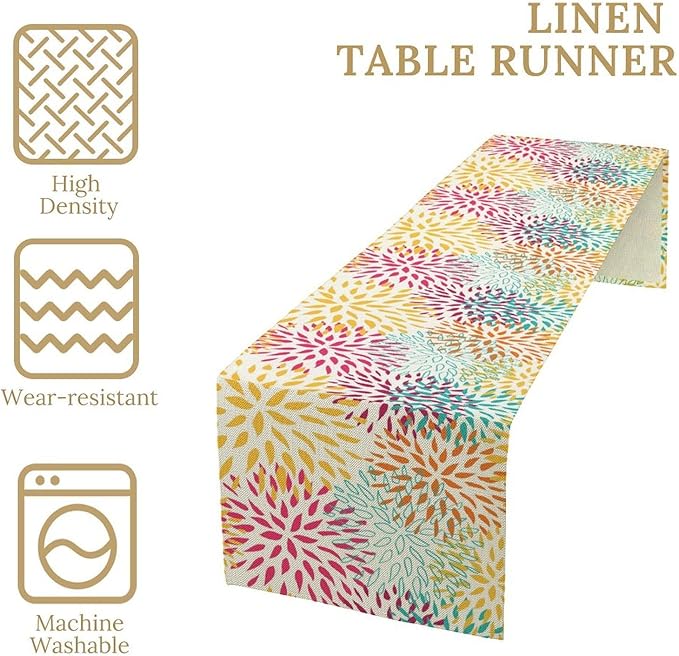 Abstract Flowers Table Runner, Chrysanthemum Dahlia Vintage Modern Colorful Spring Summer Elegant Table Runner for Party Kitchen Dining Living Room Laundry Room Decor, 13x36 Inch