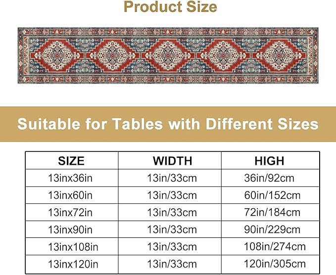 Boho Floral Vintage Table Runner, Red Blue Retro Flower Rustic Country Farmhouse Pattern for Home Kitchen Table Decor Dining Coffee Room Party Decor 13x108in