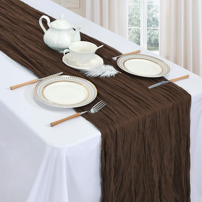 12 Pack Brown Cheesecloth Fall Table Runner 10ft Boho Gauze Fabric Cheese Cloth Table Runner 35 x 120 Inch Rustic Sheer Runner for Thanksgiving Wedding Decor Baby Shower Party Centerpiece Decoration