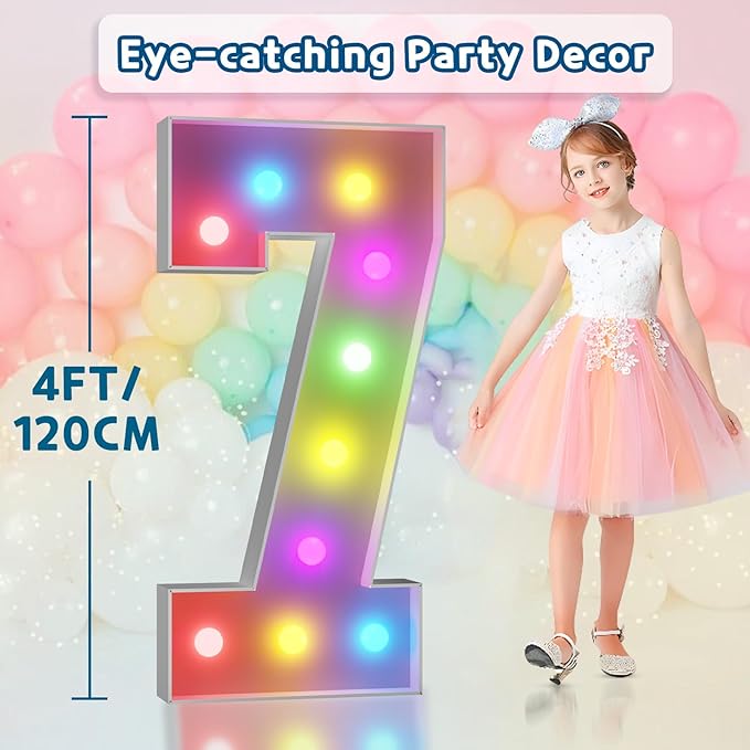 Marquee Number 7 Party Decoration, 4 FT Light Up Sign with Remote