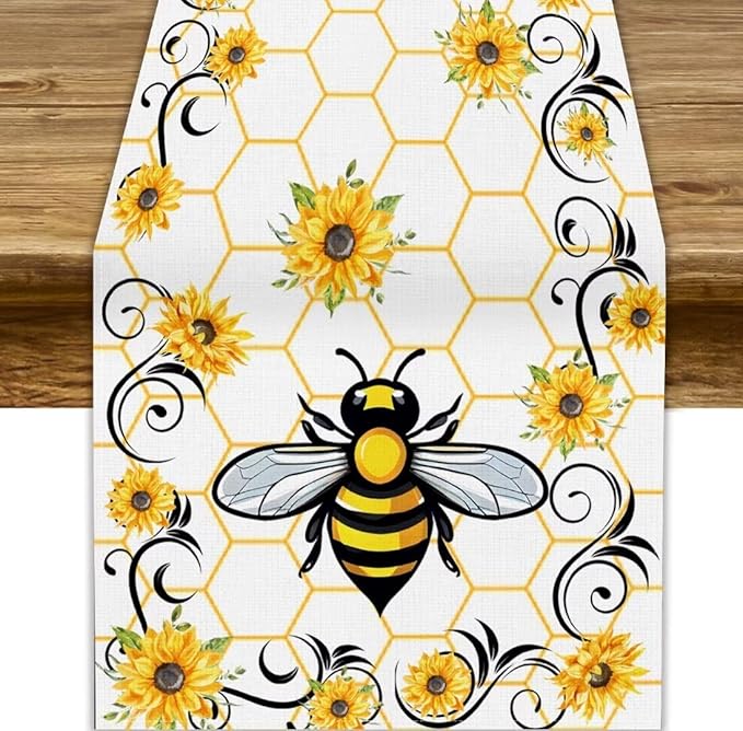 Bee Sunflower Table Runner, Farmhouse Orange Honeycomb Vintage Spring Summer Flowers Print Table Cover for Party Wedding Home Kitchen Dining Table Decor, 13x108inch