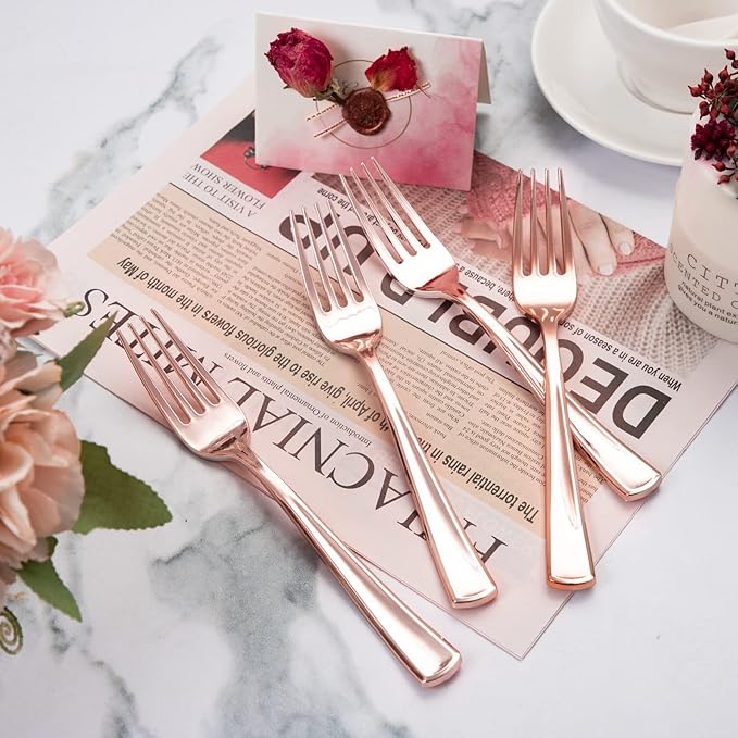 Forks, 200 Count Rose Gold Plastic Disposable, 7.4 Inch Length