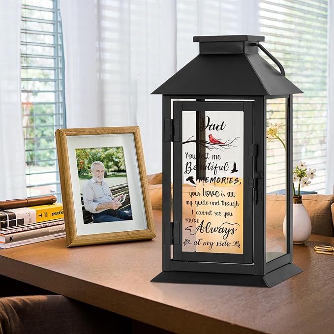 Memorial Candle Lantern, Metal Frame and Glass Panels, 14.2 Inch LED