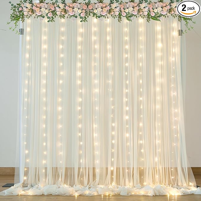 Ivory Tulle Backdrop Curtains with Lights String for Parites Wedding 10×10ft Sheer Backdrop Curtains for Baby Shower Birthday Party Photo Shoot Background Decorations