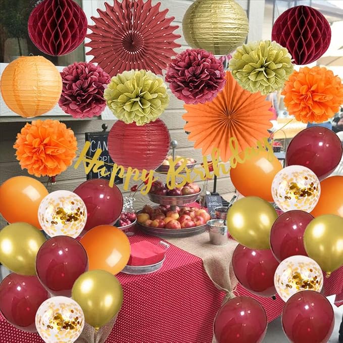 Tissue Pom Poms Fall Birthday Party Decor Kit, Burgundy Orange Gold