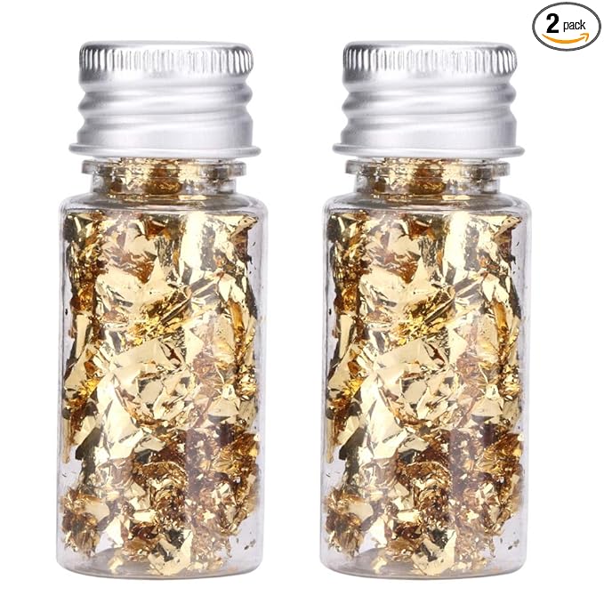 Lwuey Decorating Flakes, Gold Leaf Cake Decoration Flake Goldlen Toppers Gilding Foil Decor Imitation Metallic Decorative Drink Cooking Chocolates Cakes Drinks Dessert Cupcake Makeup 2PCS