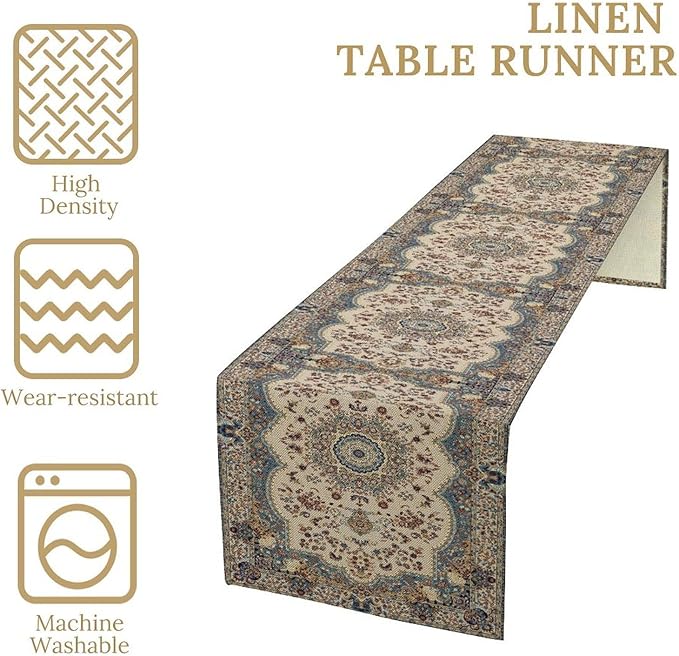 Boho Bohemia Style Table Runner, Vintage Blue Teal Gold Retro Flower Rustic Country Style Floral Print Pattern for Home Kitchen Table Decor Dining Coffee Room Garden Party Decor 13x90in