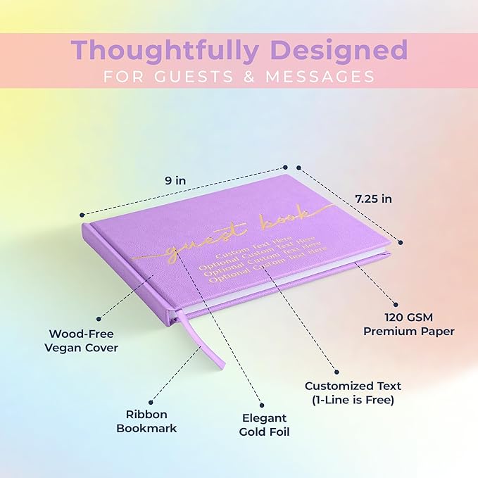 Guestbook with 110 Lined Pages, Vegan Leather Cover, Lavender Purple
