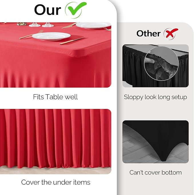 Wish Care 2 Pack Red Spandex Table Clothes for 6 Foot Rectangle Tables, 6FT Wrinkle Free Fitted Tablecloths Ruffles Design Table Cover for Party, Banquet, Wedding and Events