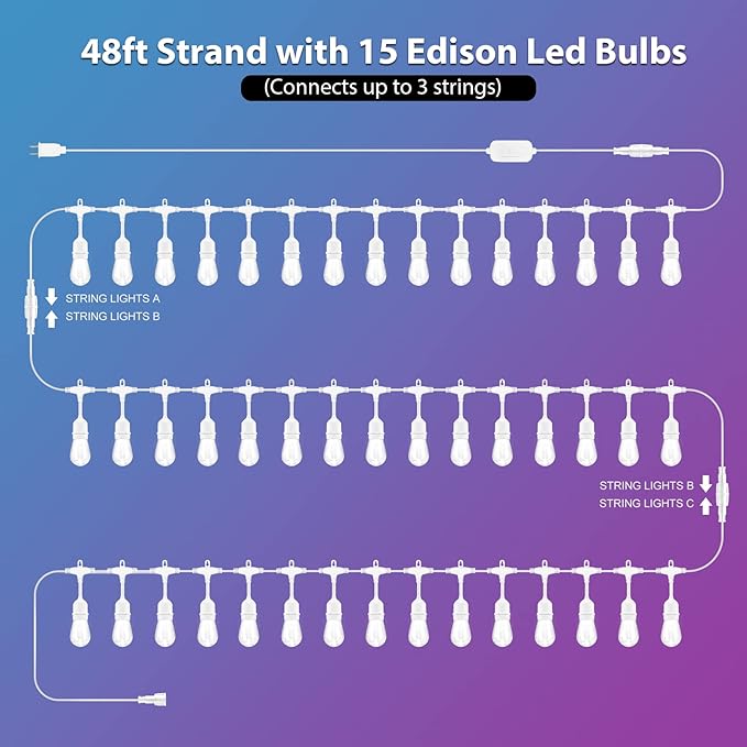 String Lights 48 FT Outdoor RGB LED with Remote, 6 Modes