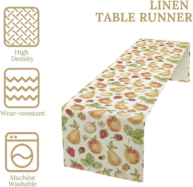 Vintage Spring Summer Fruit Table Runner Watercolor Pear Strawberry Leaves Dinner Runner for Farmhouse Party Holiday Home Kitchen Dining Table Decor 13x60